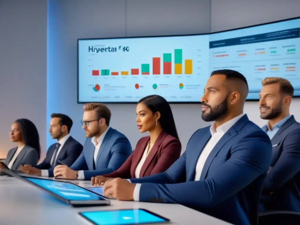 Microlearning financiero en inmobiliaria: equipo diverso en oficina moderna Un equipo multicultural en una oficina moderna, participando en una sesión de microlearning sobre educación financiera inmobiliaria