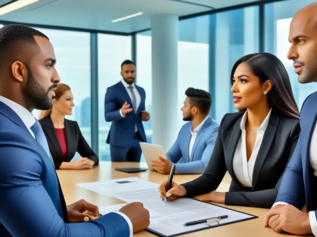 Equipo multicultural de agentes inmobiliarios en oficina moderna Un equipo multicultural de profesionales inmobiliarios discute en una oficina moderna y elegante