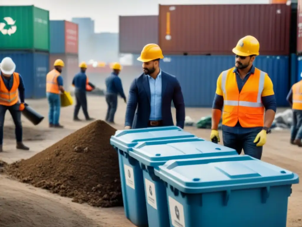 Prácticas sostenibles: Gestión de residuos en obra moderna Equipo en obra ordena residuos en contenedores de reciclaje, siguiendo mejores prácticas gestión residuos construcción