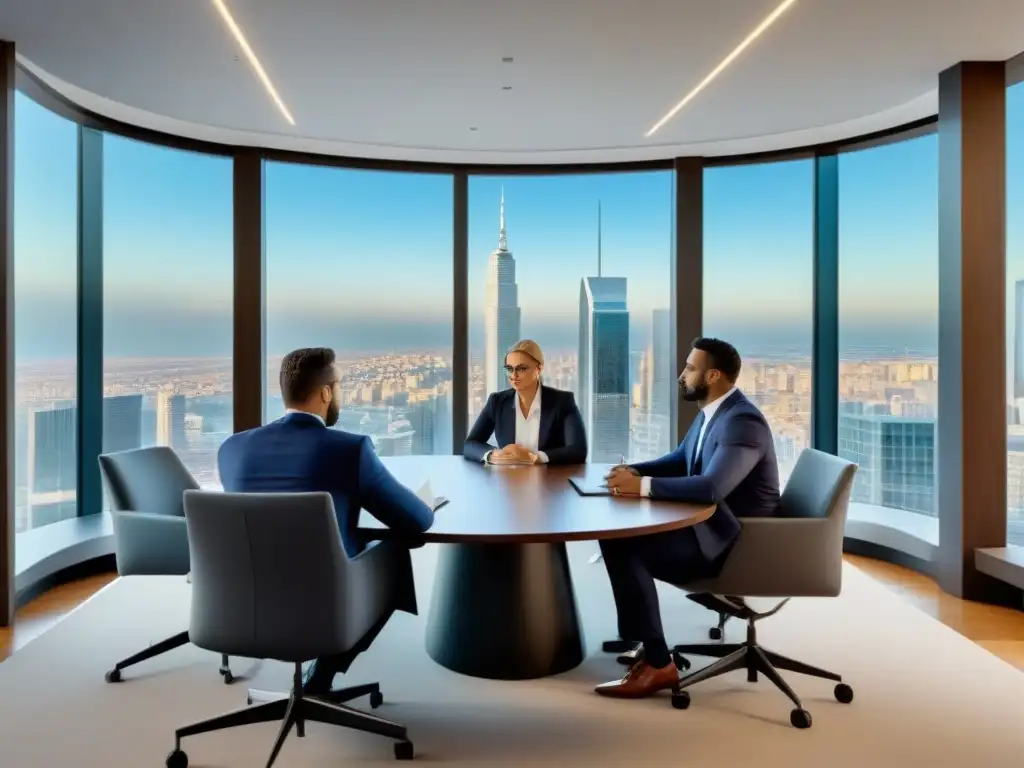 Equipo profesional diverso en oficina legal moderna Un equipo profesional diverso discute sobre complicaciones legales en un despacho de abogados moderno