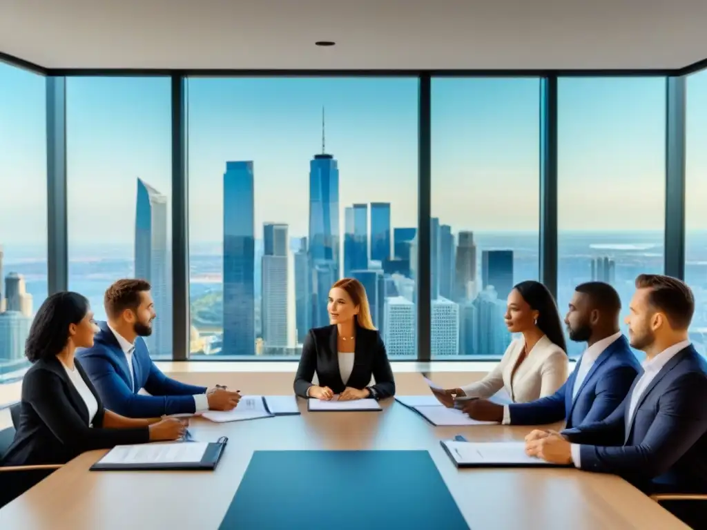 Profesionales analizan documentos financieros para inversión inmobiliaria Equipo profesional analizando documentos financieros para financiamiento préstamo inmobiliario segunda vivienda