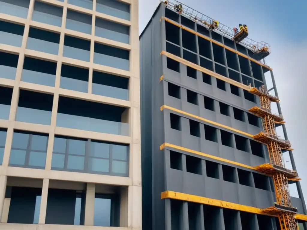 Rehabilitación de edificio moderno: profesionalismo en acción Equipo profesional rehabilitando edificio moderno