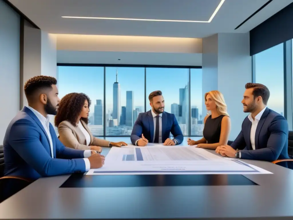 Profesionales colaborativos en reunión estratégica de préstamos comerciales Equipo profesional analizando errores préstamos desarrollo comercial en oficina moderna