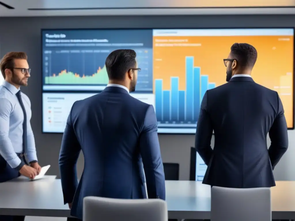 Equipo de profesionales analizando gráficos financieros en oficina moderna Equipo profesional analizando gráficos financieros en oficina moderna
