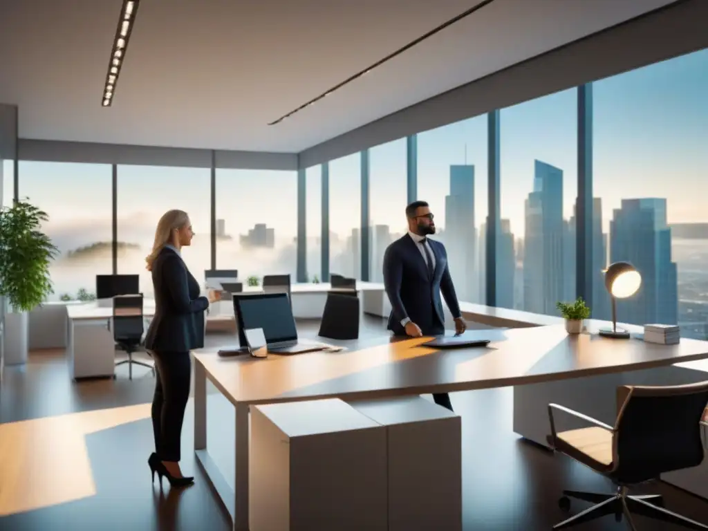 Profesionales eficientes en oficina moderna: trabajo y crédito inmobiliario Un equipo profesional en una oficina moderna, trabajando con eficiencia bajo la luz natural