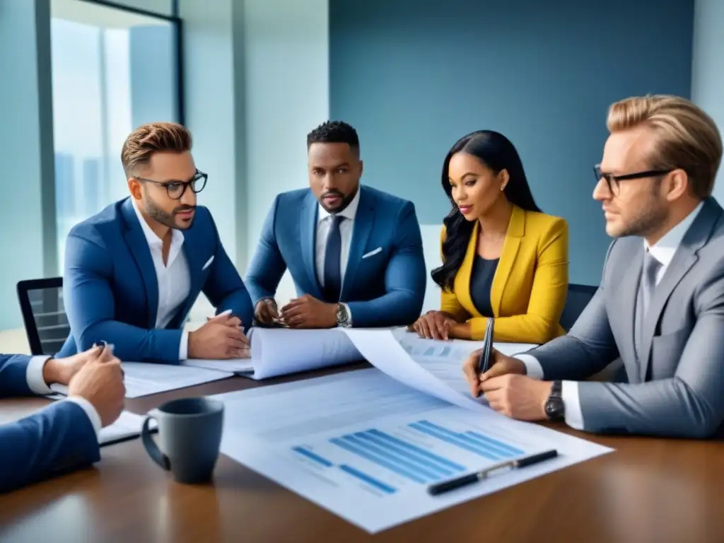 Profesionales discuten documentos financieros en oficina luminosa Equipo profesional discute Políticas de financiamiento inmobiliario en oficina luminosa