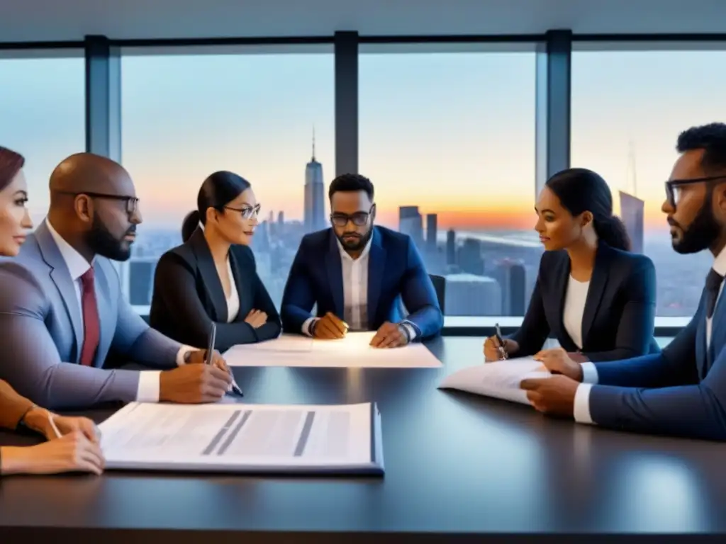 Equipo de profesionales diverso discutiendo en una oficina moderna con planos y documentos legales