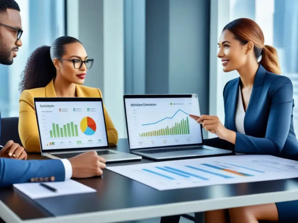 Profesionales discutiendo estrategias financieras en moderna oficina Un equipo de profesionales discutiendo estrategias de inversión y financiamiento para comprar una vivienda