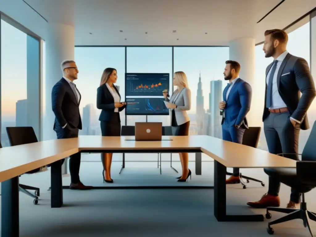 Un equipo de profesionales inmobiliarios planificando estrategias de marketing digital en una oficina moderna y luminosa