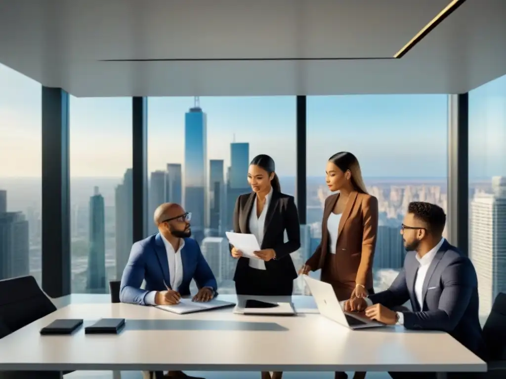 Equipo de profesionales inmobiliarios planificando estrategias en moderna oficina