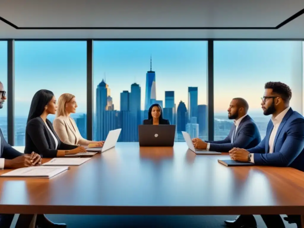 Profesionales discuten impuestos de propiedades en moderna oficina Equipo de profesionales discutiendo el manejo de impuestos de propiedades de alquiler en una sala moderna con vista a la ciudad