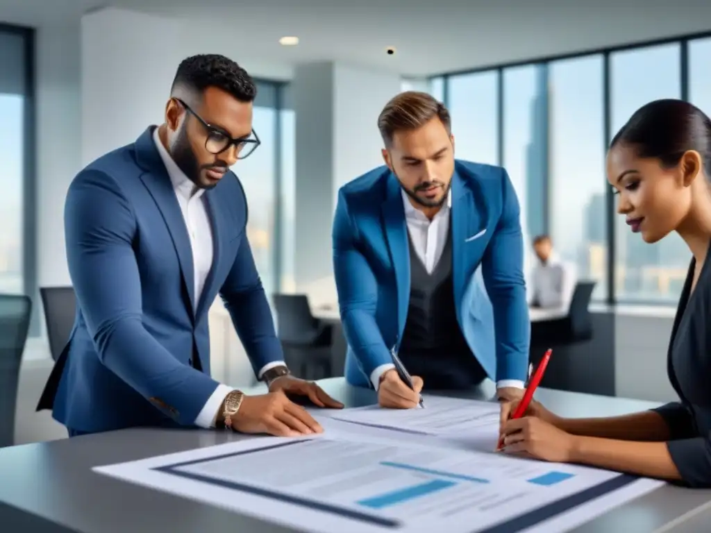 Equipo profesional revisando planos en oficina moderna Equipo de profesionales revisando normativa local en inmuebles en oficina moderna