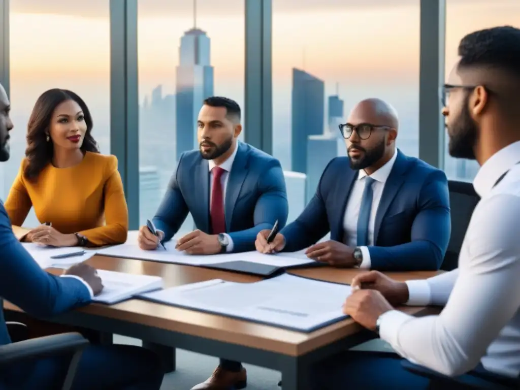Profesionales analizan reglamentación inmobiliaria local en oficina moderna Equipo de profesionales analizando normativa préstamo inmobiliario local en moderna oficina