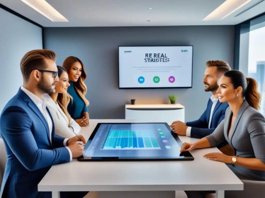 Oficina inmobiliaria ultramoderna con estrategias de marketing digital Equipo de profesionales en oficina inmobiliaria moderna, colaborando alrededor de estrategias inbound marketing sector inmobiliario