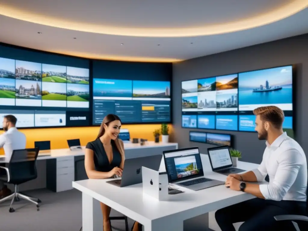 Oficina de marketing digital: equipo innovador en acción Equipo de profesionales en oficina moderna de agencia de publicidad digital para mercado inmobiliario