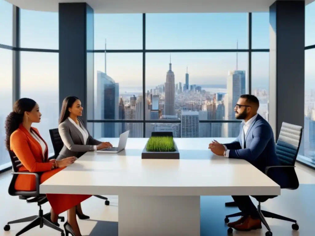 Equipo de profesionales en oficina moderna con vista panorámica Equipo de profesionales en oficina moderna, discutiendo estrategias de financiamiento inmobiliario