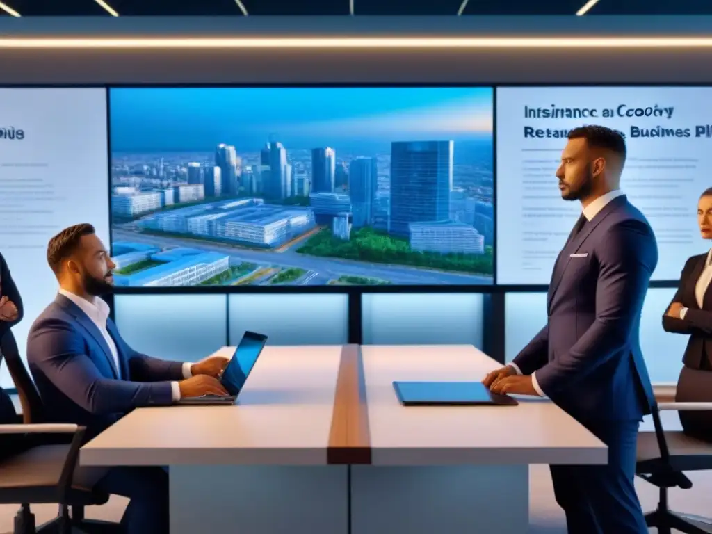 Oficina de seguros moderna y profesional: rehabilitación innovadora Equipo de profesionales en oficina moderna discutiendo planes de rehabilitación de propiedades