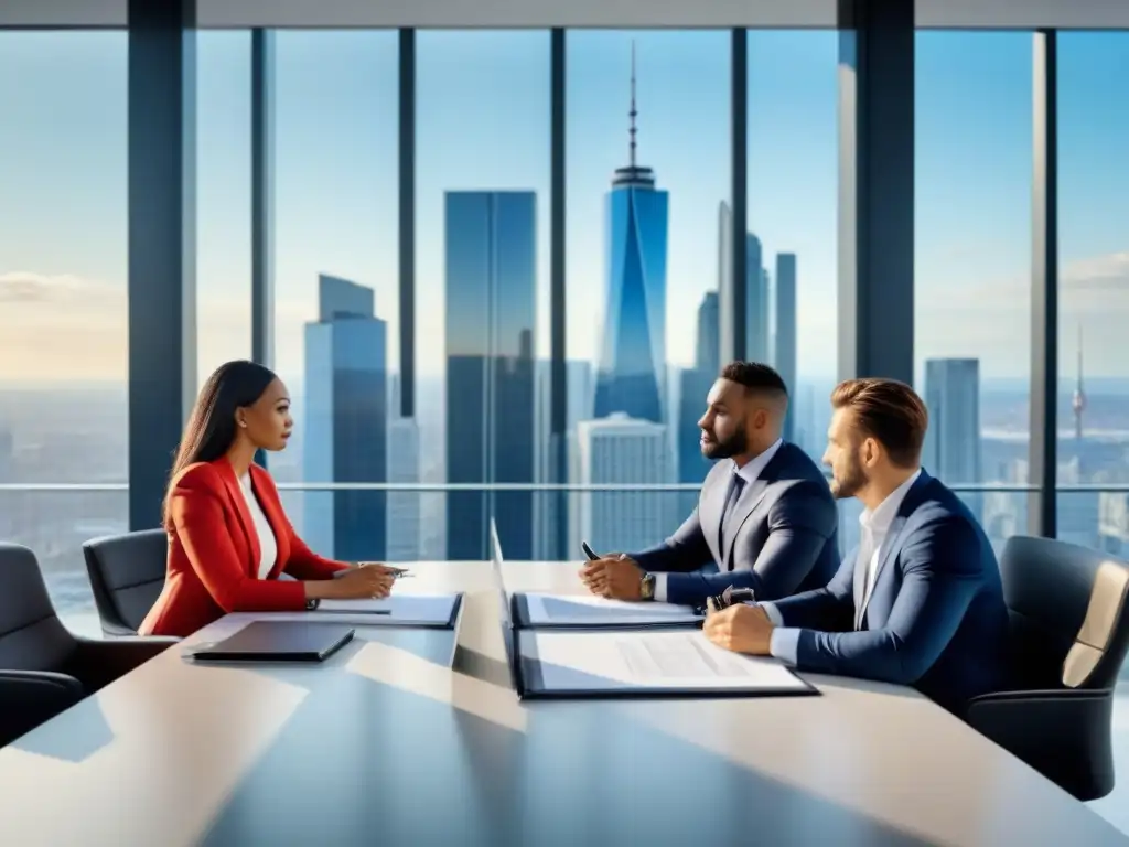 Equipo de profesionales en oficina moderna discutiendo sobre protección legal propiedades demandas inmobiliarias