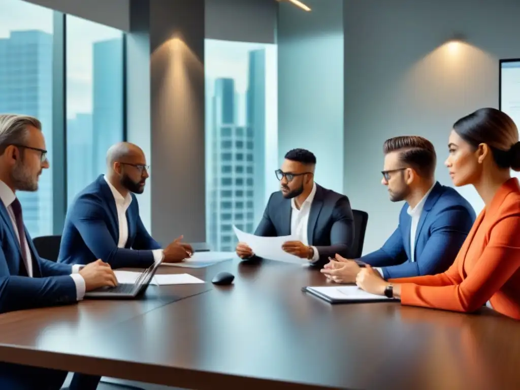 Equipo de profesionales discutiendo riesgos legales en financiamiento inmobiliario online