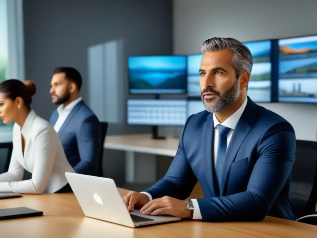 Equipo de tasadores inmobiliarios en oficina moderna Equipo de tasadores inmobiliarios certificados analizando planos y datos en una oficina moderna