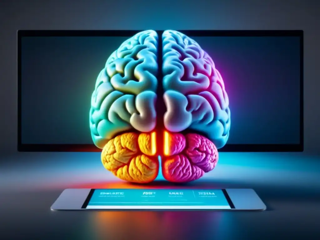 Escaneo cerebral futurista: actividad neural ante estímulos inmobiliarios Escaneo cerebral futurista muestra actividad neural ante estímulos inmobiliarios, en sala moderna