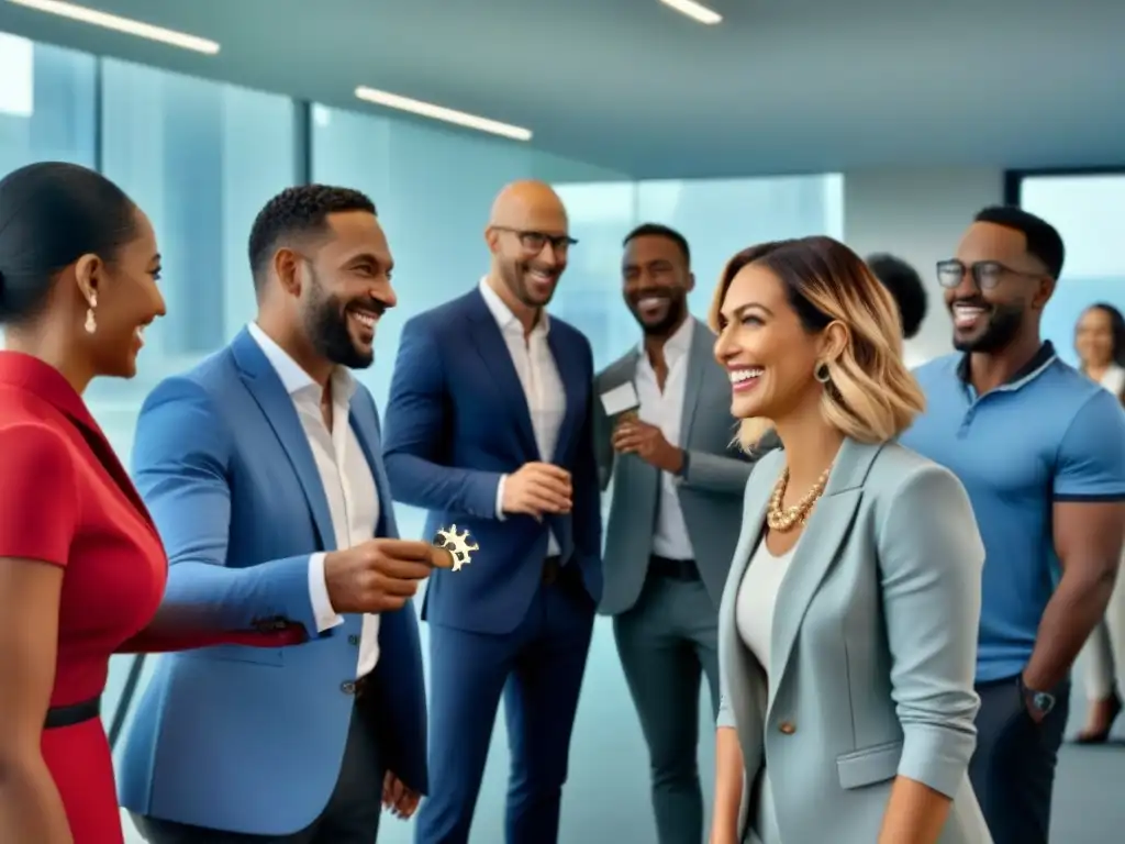 Entrega de llaves en oficina: alegría y diversidad en viviendas Escena de alegría al recibir llaves de nuevas viviendas con Subvenciones inmobiliarias: Guía completa