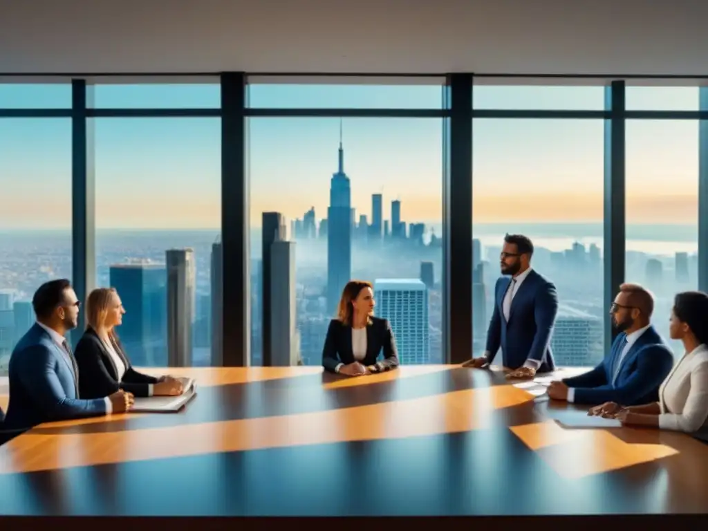 Profesionales debaten financiamiento inmobiliario en moderna oficina Una escena colaborativa de profesionales discutiendo normativa financiamiento inmobiliario guía en una sala moderna con vista a la ciudad