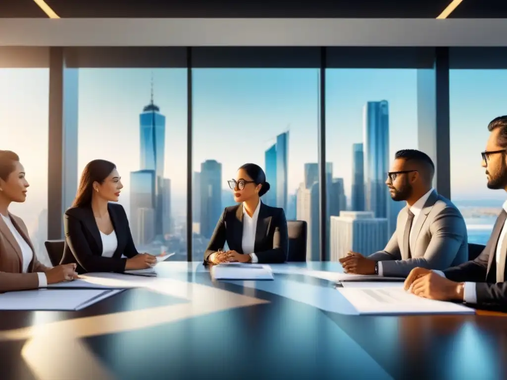 Una escena detallada de profesionales diversos en trajes de negocios, discutiendo en una sala moderna con ventanales y vista a la ciudad