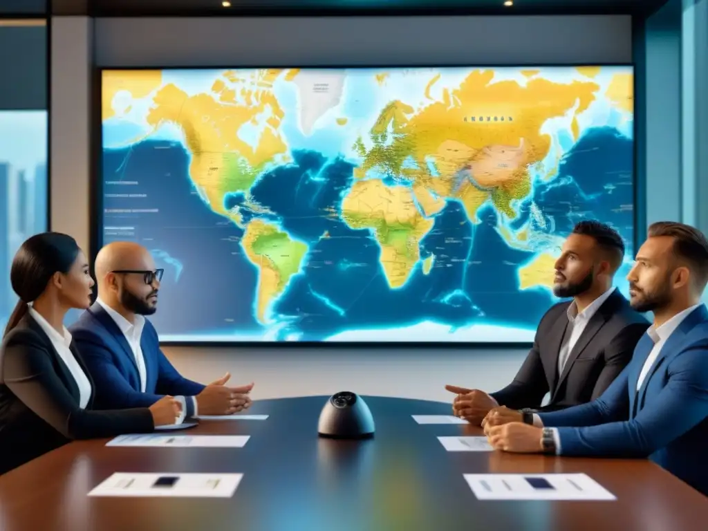 Profesionales debaten inversiones inmobiliarias globales en sala de juntas moderna con mapa mundial interactivo - Experto en Bienes Raíces Una escena detallada en una sala de juntas moderna con profesionales discutiendo estrategias de inversión en propiedades extranjeras