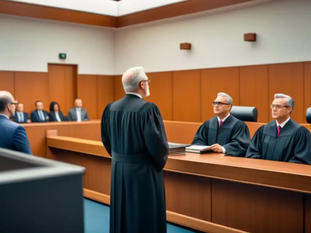 Escena de juicio en sala moderna por regulaciones inmobiliarias Una escena detallada en un tribunal con un juez, abogados, y personas diversas, en un entorno moderno, discutiendo normativas inmobiliarias cumplimiento sanciones