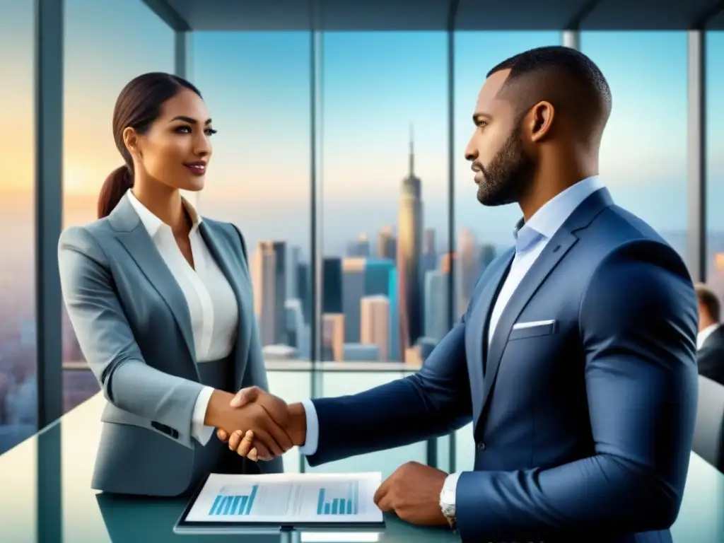 Escena vibrante de negocios inmobiliarios: profesionales diversificados en acción Escena dinámica de mercado inmobiliario comercial con profesionales negociando