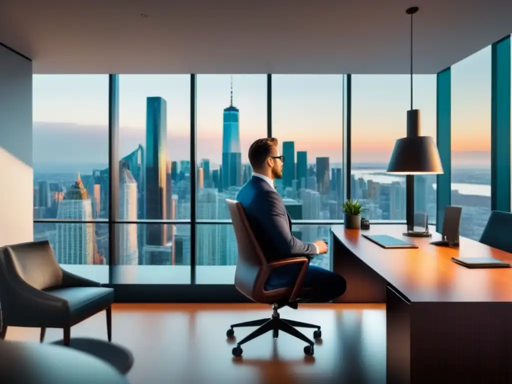 Oficina moderna con asesor financiero y lujo urbano en 8k Una escena elegante de asesor financiero con pareja, discutiendo opciones de refinanciamiento en oficina moderna con vista panorámica a la ciudad