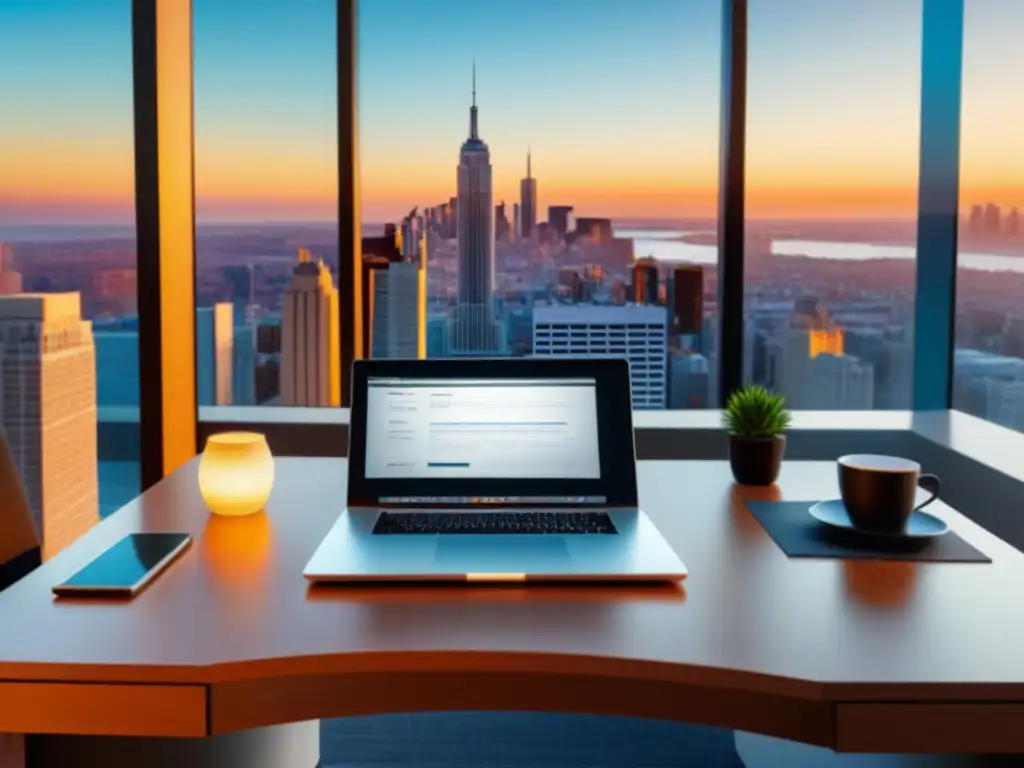 Contrato de inversión inmobiliaria en oficina moderna Escena elegante de cláusulas contrato préstamo inmobiliario en oficina moderna con vistas a la ciudad al atardecer