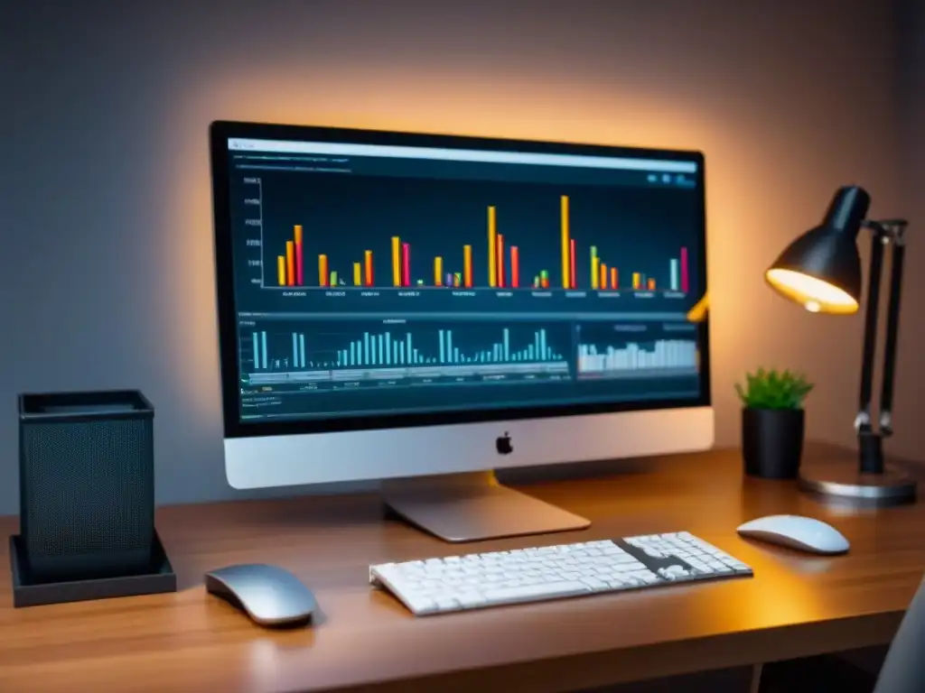 Oficina moderna: informe inmobiliario en monitor de alta resolución Escena elegante de oficina con informe de inversión inmobiliaria detallado en pantalla, sumergido en ambiente profesional y educativo