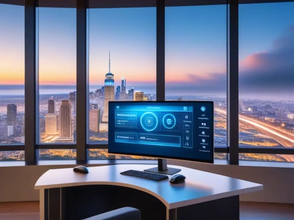 Seguridad hightech en transacción inmobiliaria: interfaz digital, escáner biométrico y protección de datos en oficina de lujo Escena futurista de alta tecnología para seguridad datos inversores inmobiliarios