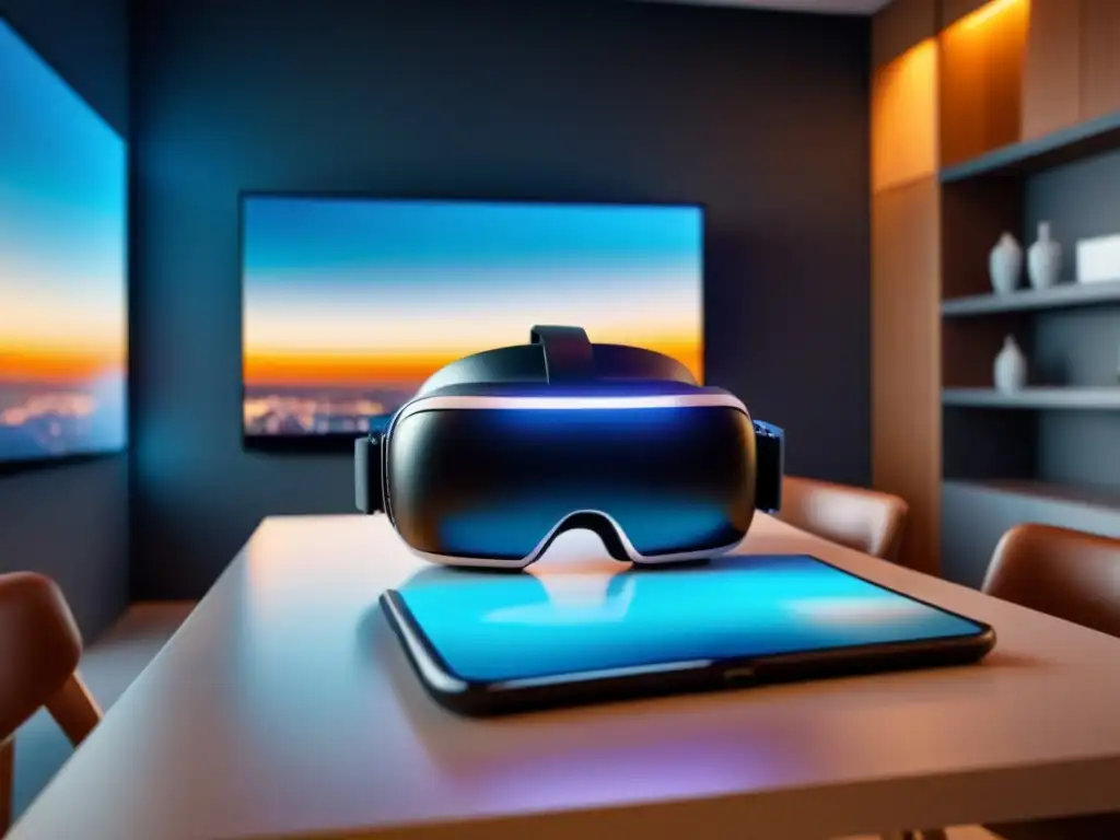 Realidad Virtual de Lujo: Condominio en 3D Una escena futurista con auriculares de Realidad Virtual Aumentada Proptech Inmobiliaria en mesa tecnológica de alta gama