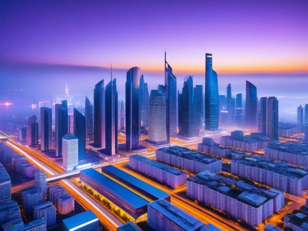 Horizonte futurista: ciudad de cristal y acero al atardecer Escena futurista de una ciudad con rascacielos de vidrio y acero, iluminada por luces vibrantes al anochecer
