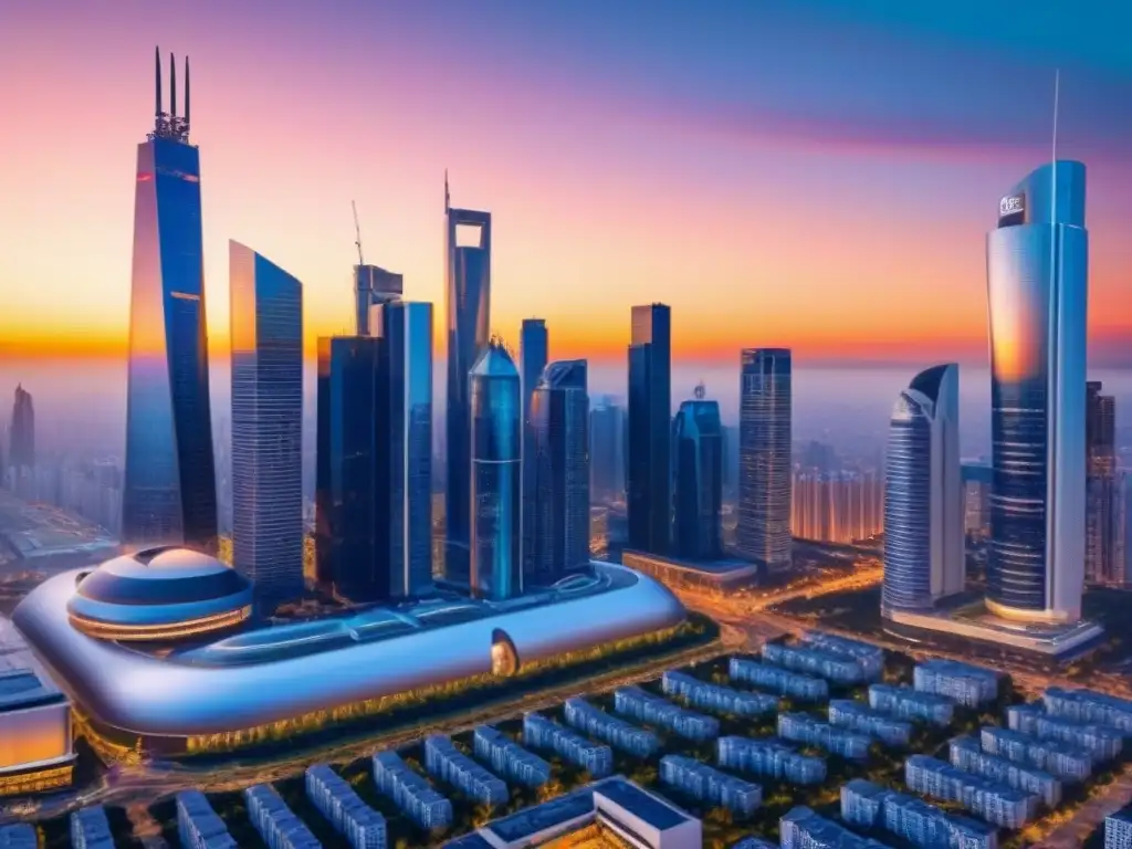 Cityscape futurista: innovación en bienes raíces en 2023 Escena futurista de una ciudad con rascacielos modernos y vibrante atardecer, reflejando las tendencias afiliación listado propiedades 2023