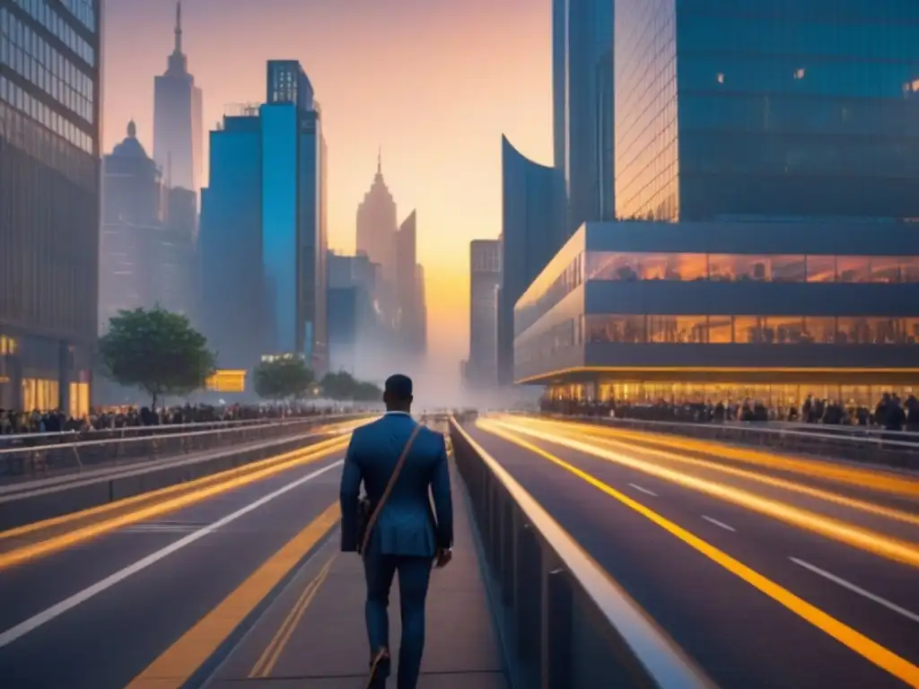 Innovación y colaboración: Futurismo urbano al atardecer Una escena futurista de una ciudad al anochecer, con rascacielos brillantes y sistemas de transporte avanzados