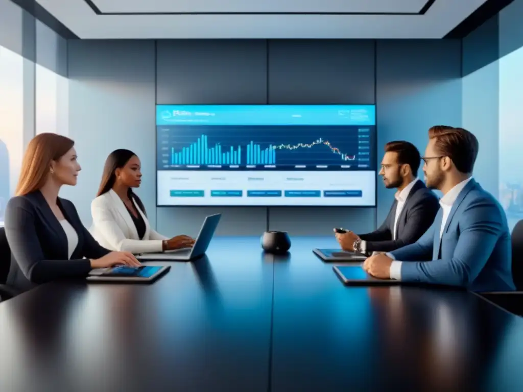 Reunión de inversores analizando datos financieros en sala futurista Una escena futurista y educativa de inversores analizando gráficos en una sala luminosa