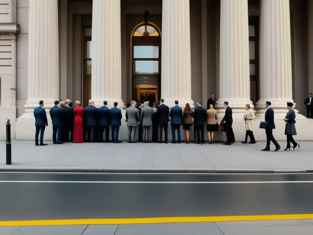 Escena histórica de banco neoclásico: diversidad y anticipación financiera Una escena histórica detallada de un banco neoclásico con gente de principios del siglo XX haciendo fila para préstamos hipotecarios