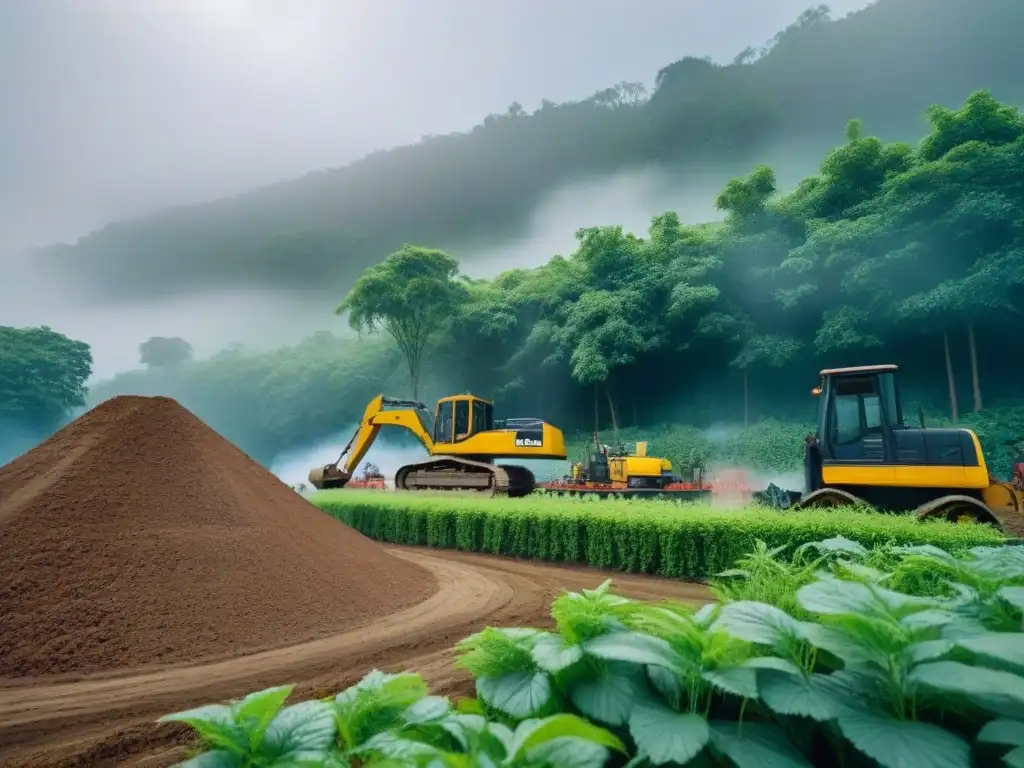 Contraste urbano-natural: impacto de la construcción en la biodiversidad Una escena impactante de una obra rodeada de naturaleza exuberante, resaltando la armonía entre urbanización y biodiversidad