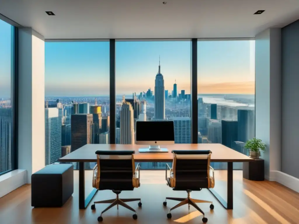 Oficina inmobiliaria de lujo en la ciudad Una escena de oficina inmobiliaria moderna y elegante con profesionales reunidos en una animada discusión