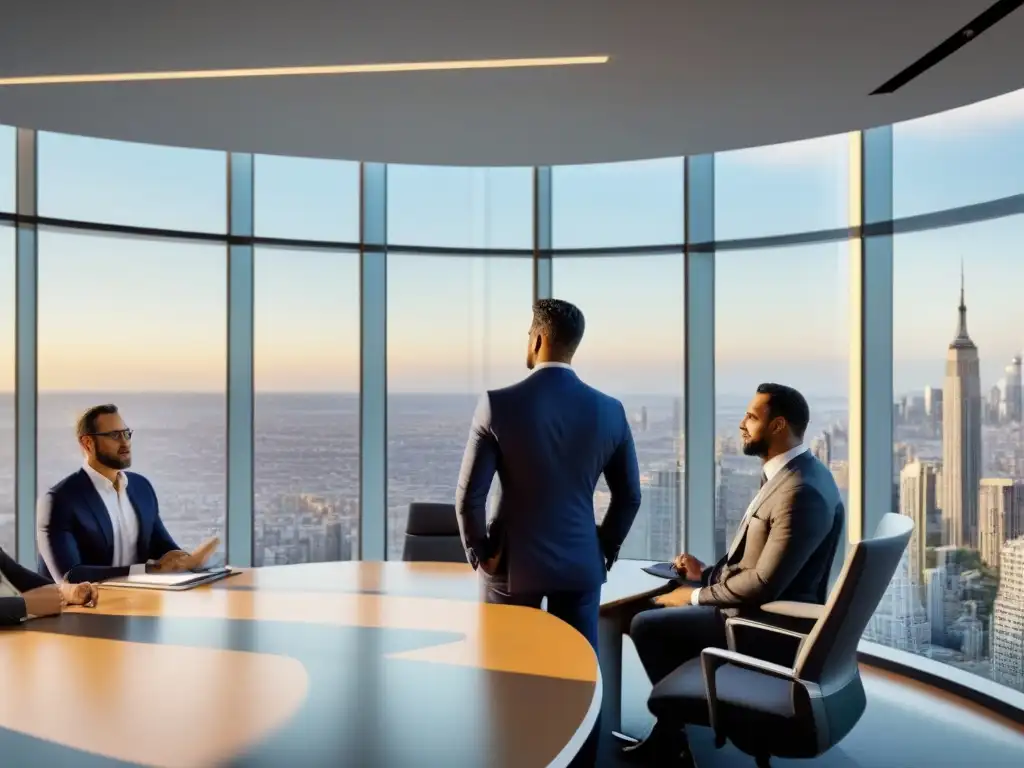 Una escena de oficina moderna con una vista panorámica de la ciudad