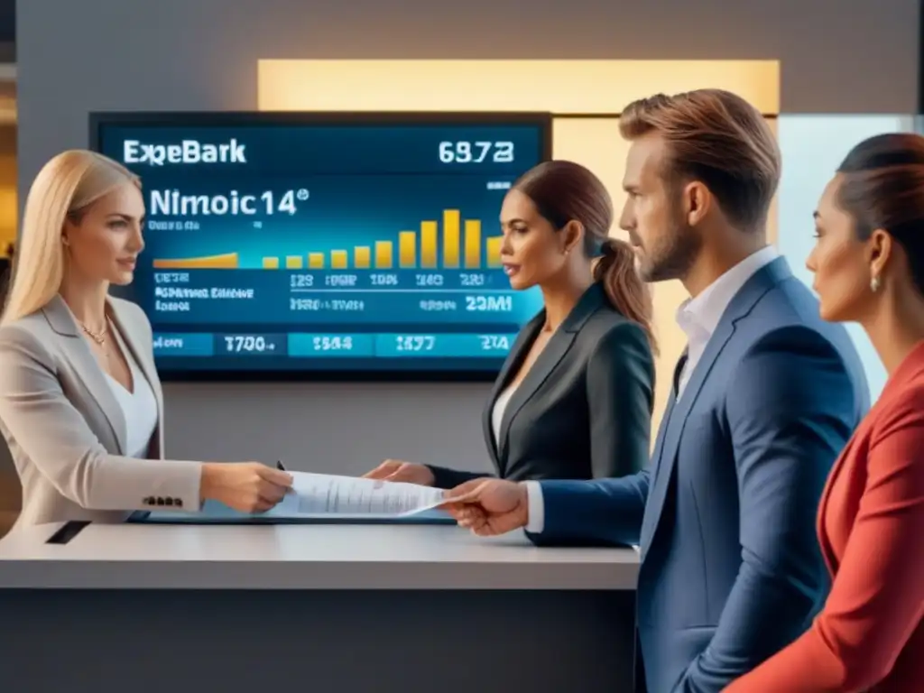 Negociación de hipotecas en banco moderno: expatriados y locales Una escena profesional y colaborativa en un banco contemporáneo donde expatriados y residentes locales discuten opciones de préstamos hipotecarios