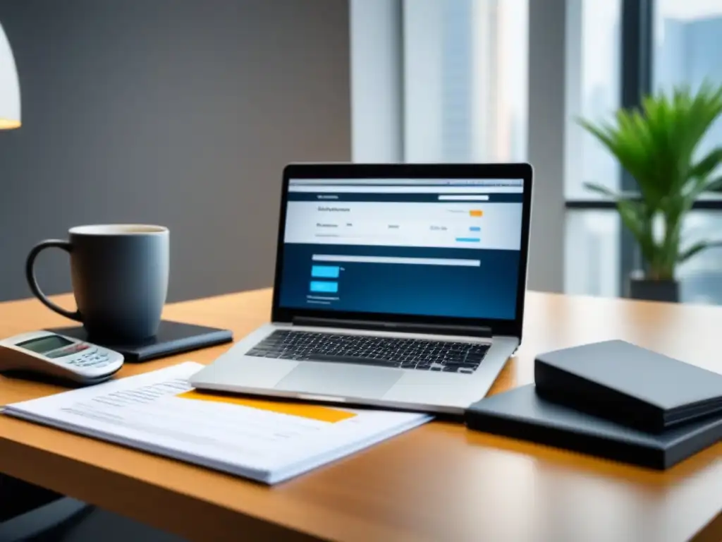 Preparación para financiamiento inmobiliario: oficina moderna y profesional Escena profesional en una oficina con laptop, documentos financieros, calculadora y café, preparándose para negociar financiamiento inmobiliario