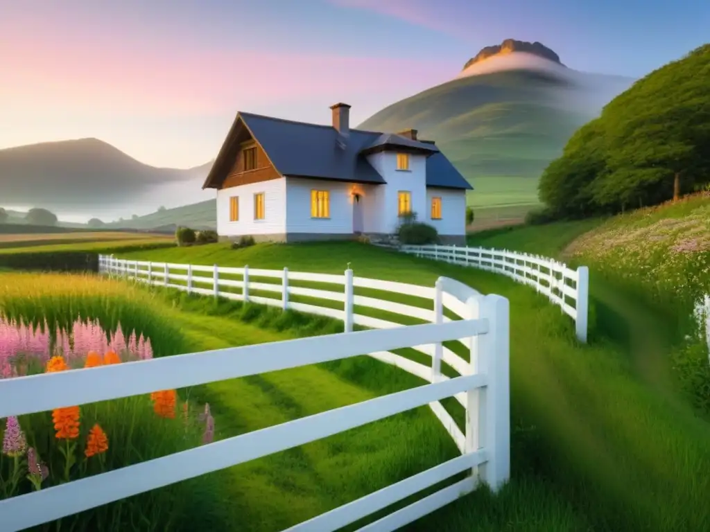 Hermosa casa rural al amanecer: escena serena en 8k Escena rural al amanecer con casa encantadora, prados verdes y montañas, reflejando tranquilidad