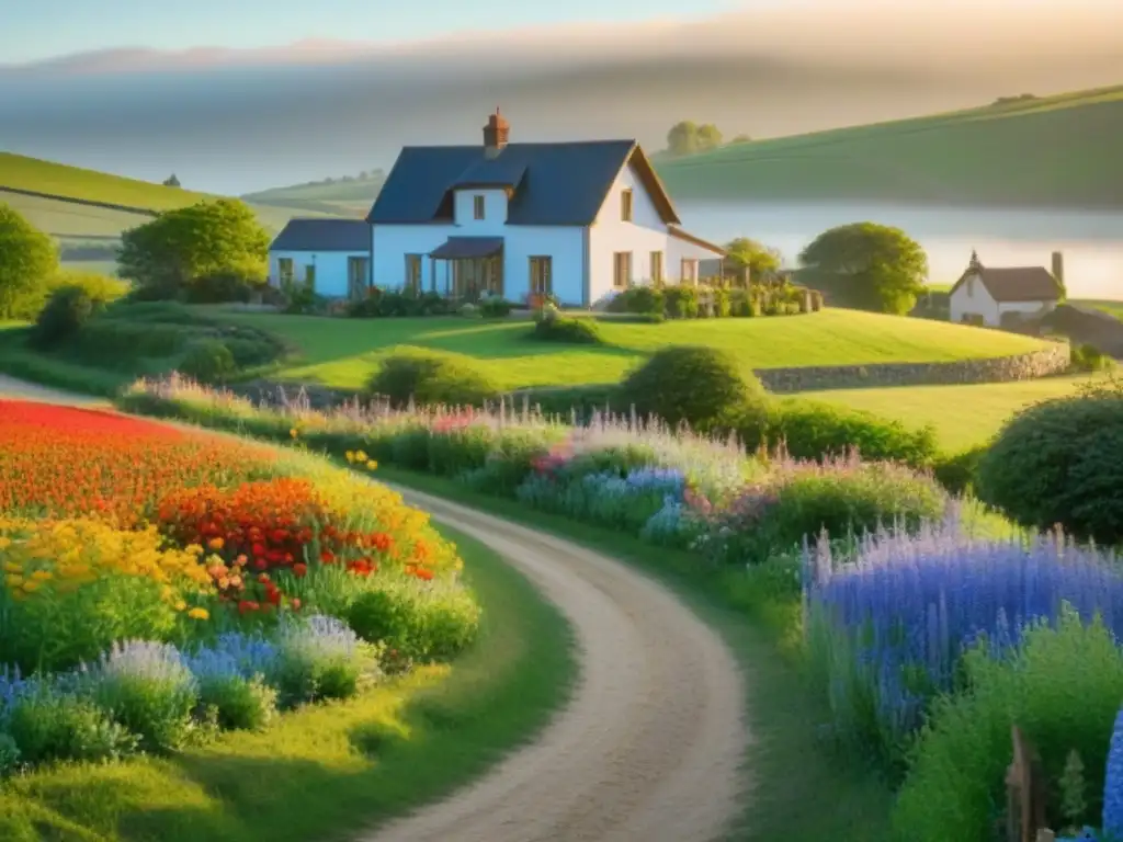 Hogar rural: paisaje idílico con granja, lago y ciervo Escena rural idílica con casa en colinas verdes, lago sereno y familia de ciervos