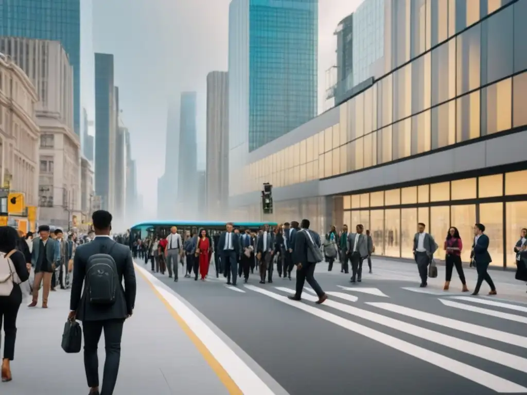Escena urbana: diversidad y progreso en la ciudad del futuro Una escena urbana bulliciosa desde las alturas, mostrando diversidad y progreso en el desarrollo urbano movilidad social