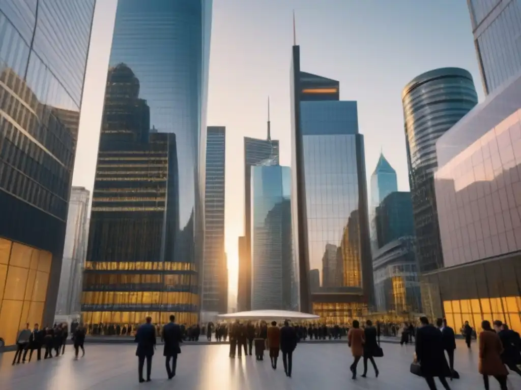 Centro financiero en atardecer: inversores en acción Escena urbana con rascacielos en un distrito financiero al atardecer